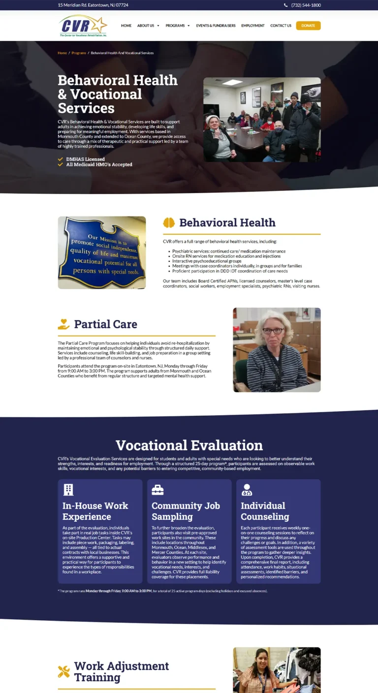 Screenshot of cvr's behavioral health and vocational services webpage showing program descriptions, service icons, and photos of participants and staff.