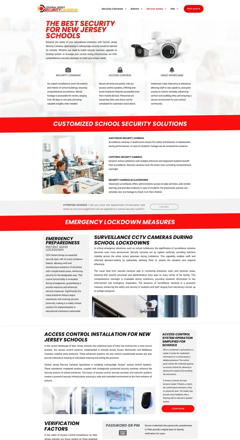 Webpage layout for central jersey security cameras highlighting school-focused security services in new jersey, including surveillance cameras, access control, emergency lockdown features, and classroom monitoring solutions.