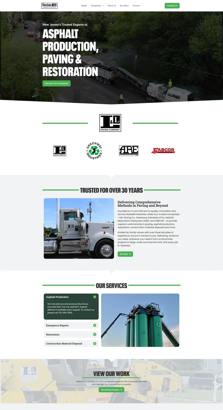 Screenshot of redaelli industries’ homepage showcasing asphalt production, paving, restoration services, and affiliated companies.