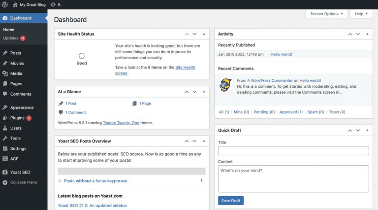 Wordpress CMS backend admin screen & menu
