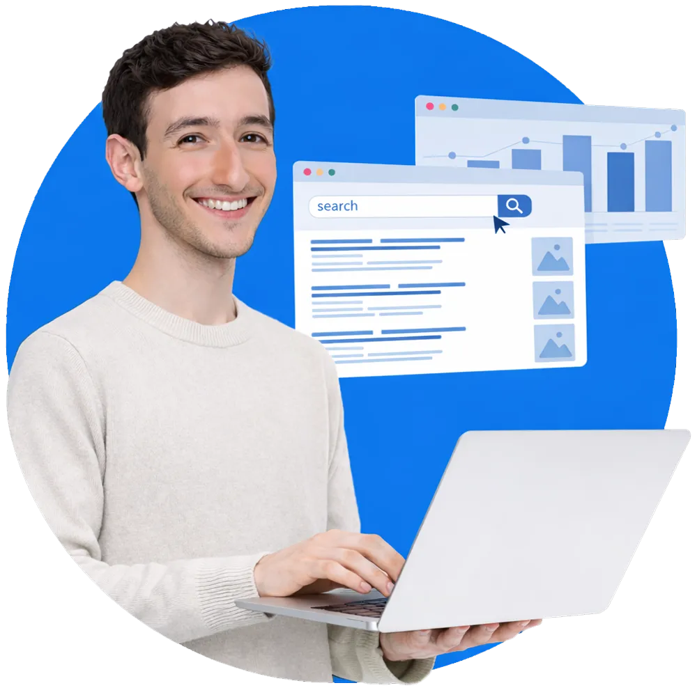 SEO specialist working on search optimization with keyword rankings and analytics on laptop.