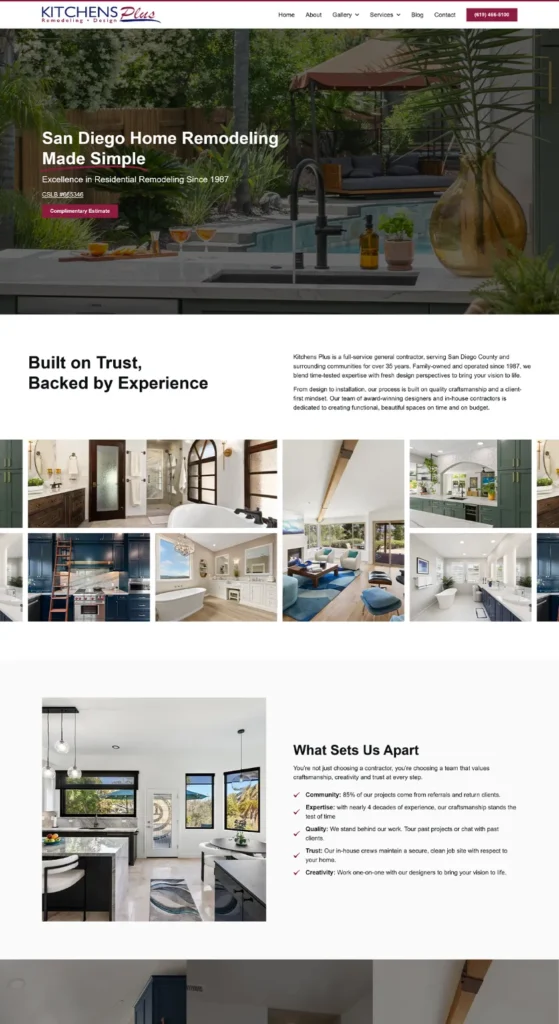 About page for Kitchens Plus featuring company history, remodeling experience, and a personal message from the owner.