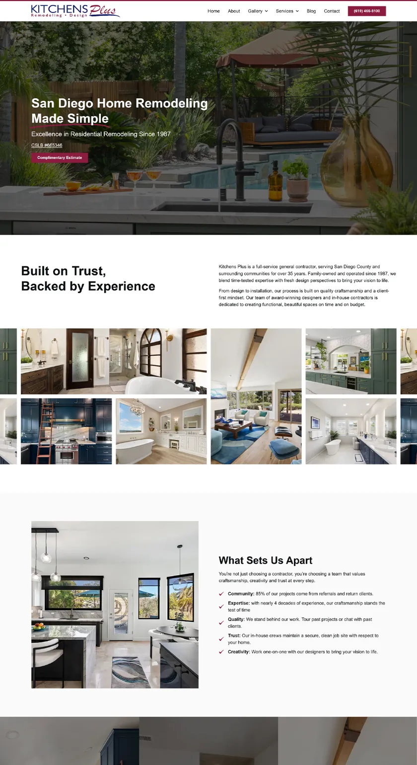 About page for Kitchens Plus featuring company history, remodeling experience, and a personal message from the owner.