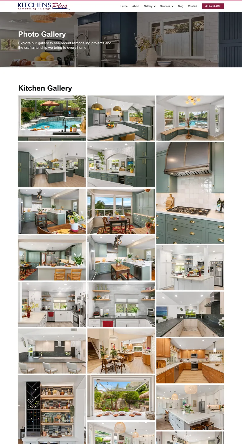 Kitchens Plus photo gallery page featuring kitchen remodeling project images in a modern, responsive grid layout.