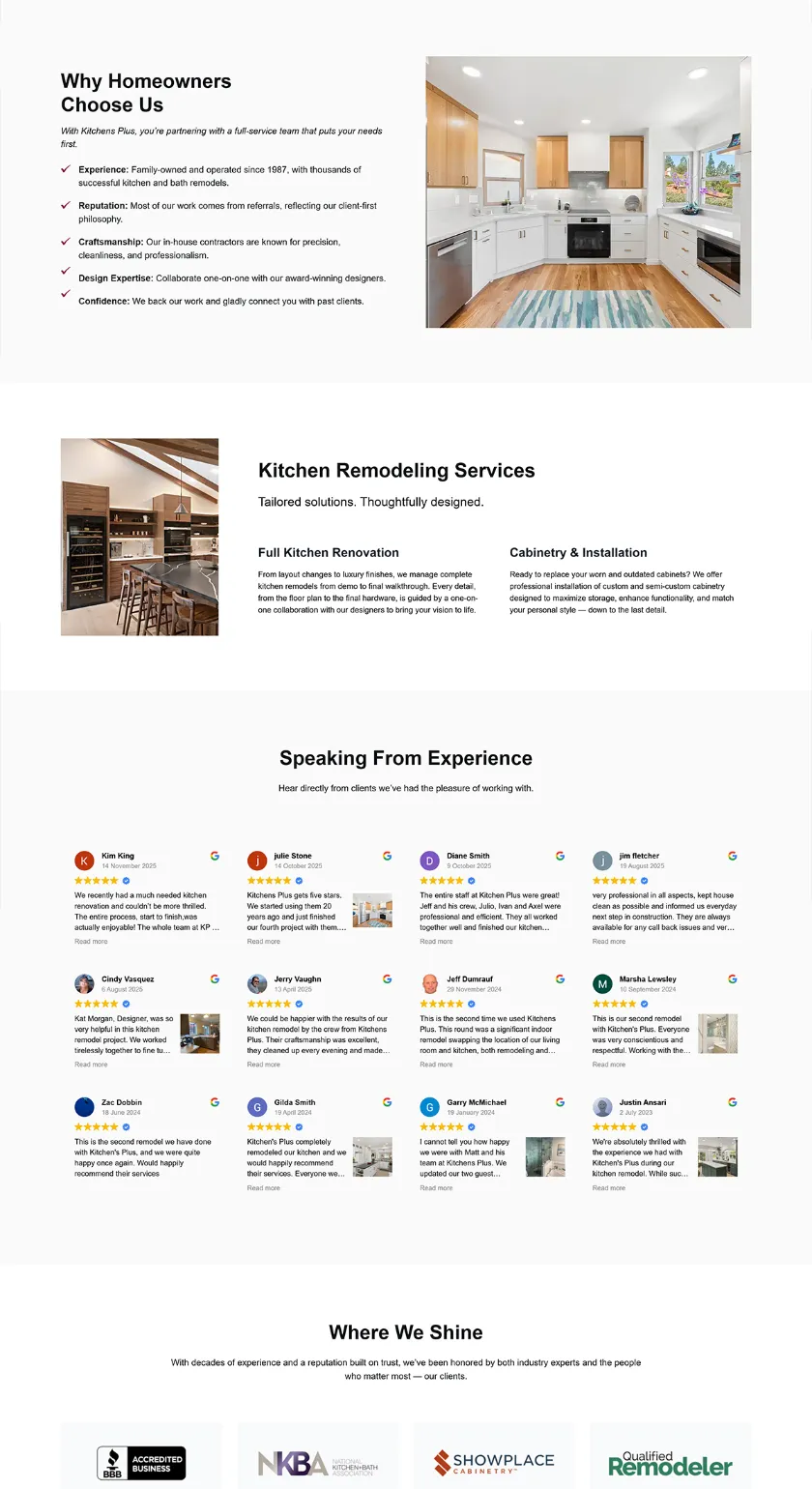 Kitchen remodeling services page for Kitchens Plus outlining full renovations, cabinetry installation, and customer testimonials.