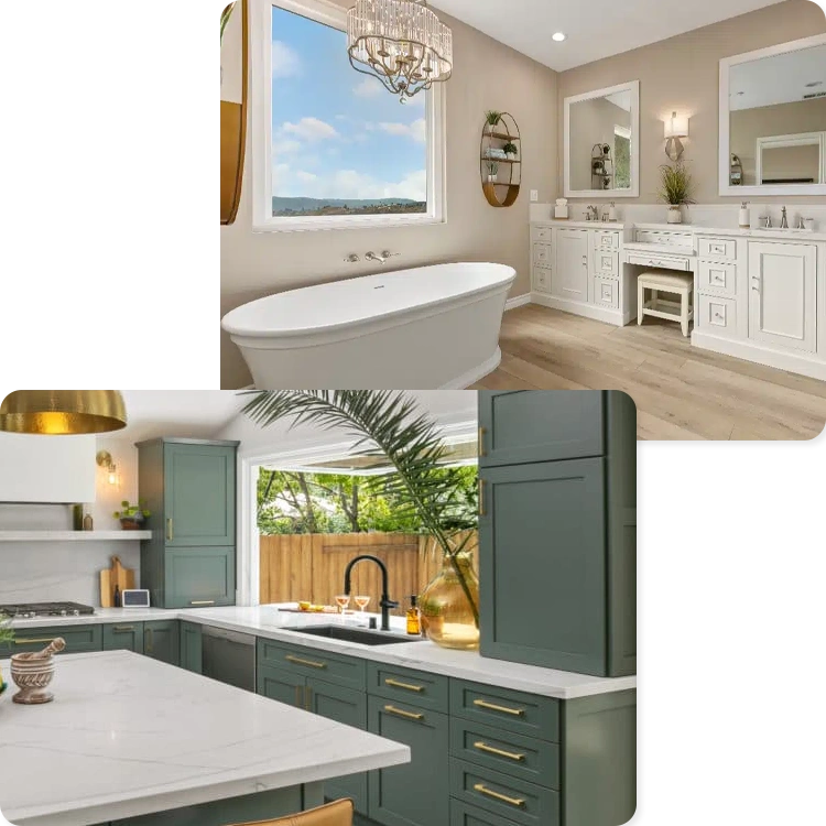 Contemporary bathroom with freestanding tub and green kitchen cabinets designed by Kitchens Plus in San Diego.