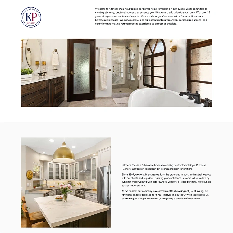 Elegant bathroom and kitchen remodel projects by Kitchens Plus, featured on the About page of their San Diego remodeling website.