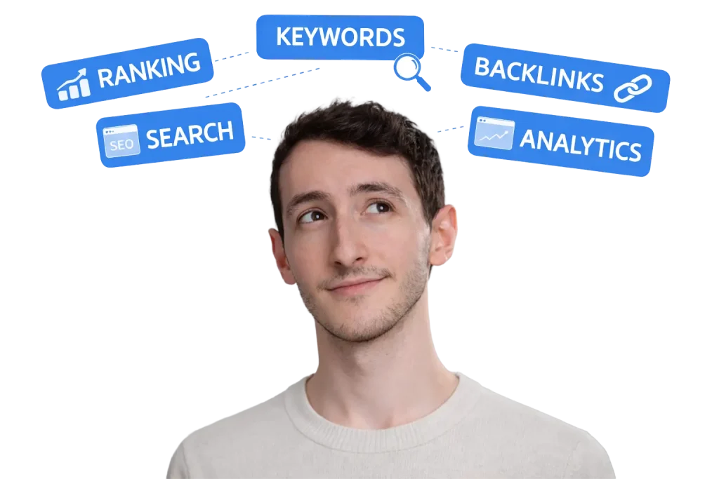 SEO specialist "tcosi" thinking about keywords, rankings, backlinks, search, and analytics.
