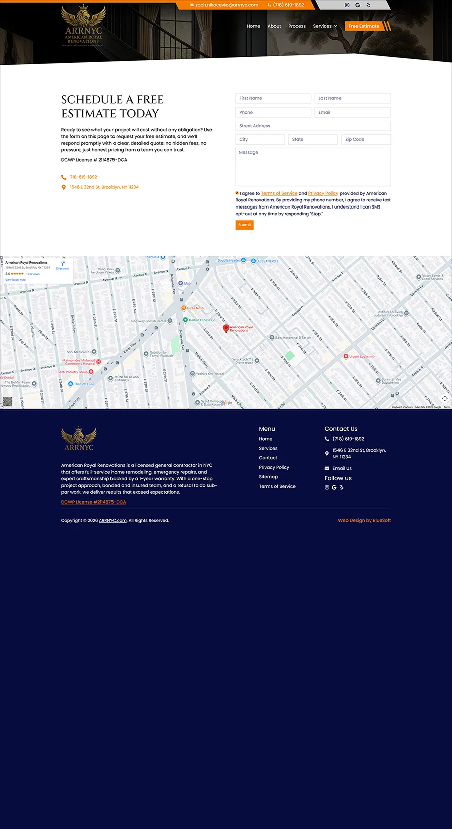 Contact page design for ARRNYC featuring a custom free estimate form, contact details, and integrated Google Map location.