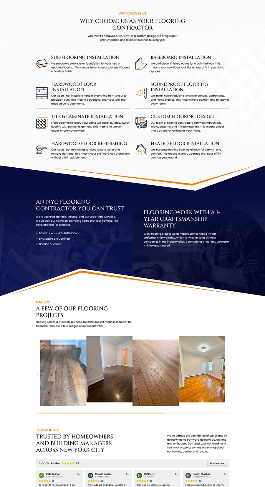 Flooring services page design for ARRNYC featuring custom web layout, service breakdowns, gallery images, and client testimonials.