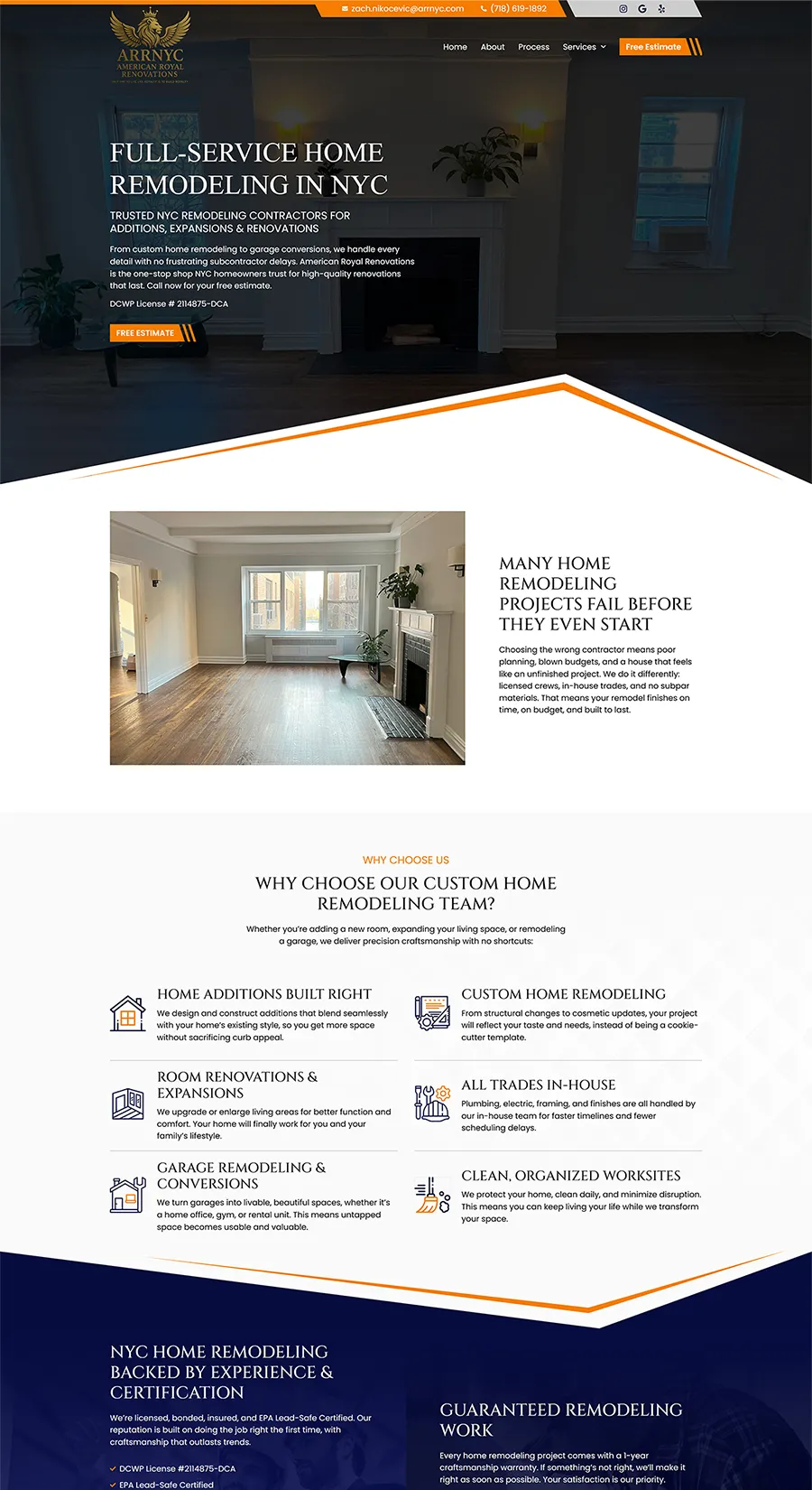 Home Remodeling service page design for ARRNYC featuring custom layout, service highlights, and client assurance messaging.