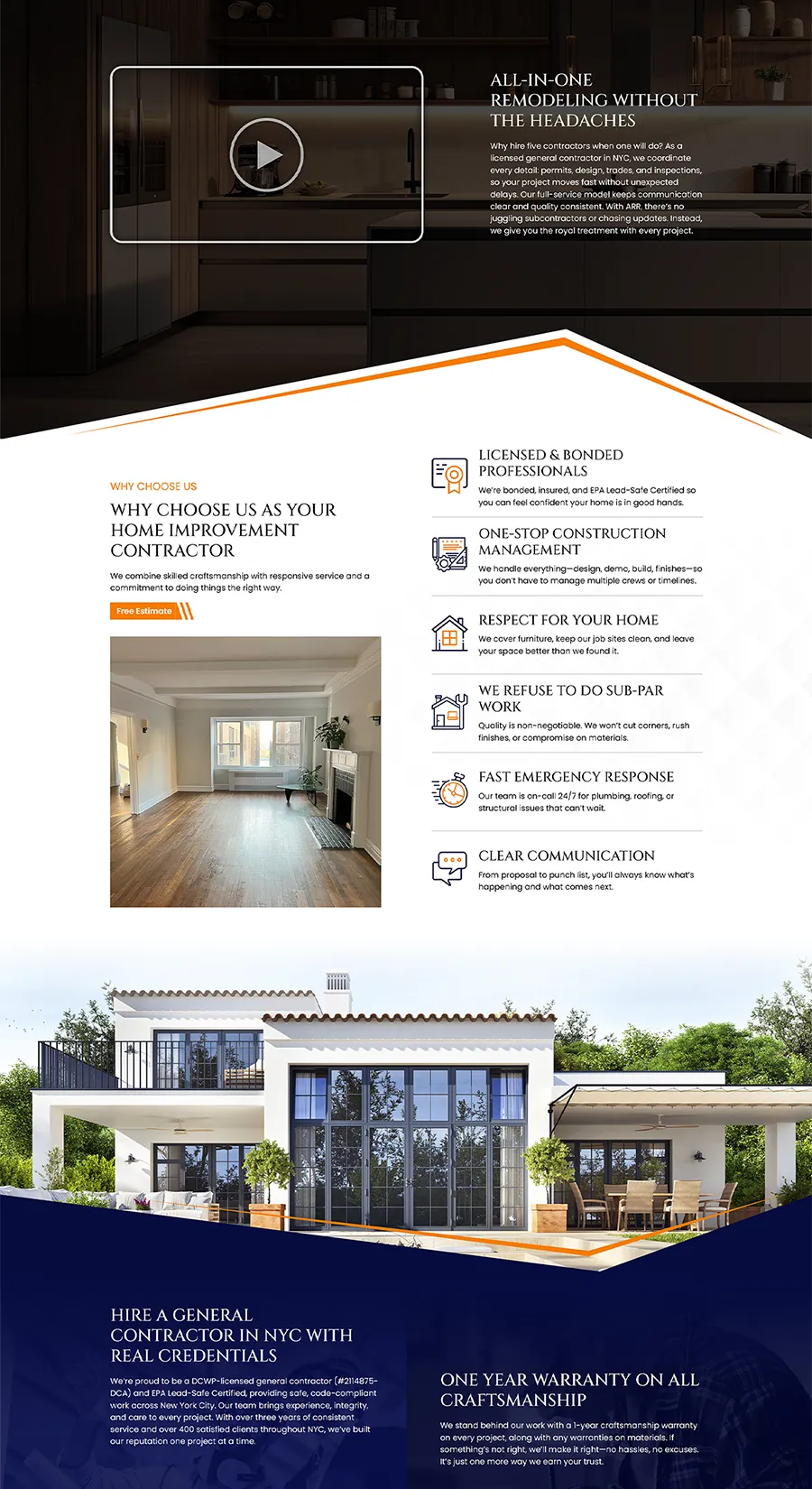 Midsection of the ARRNYC homepage highlighting contractor benefits, customer trust points, and NYC general contractor credentials.