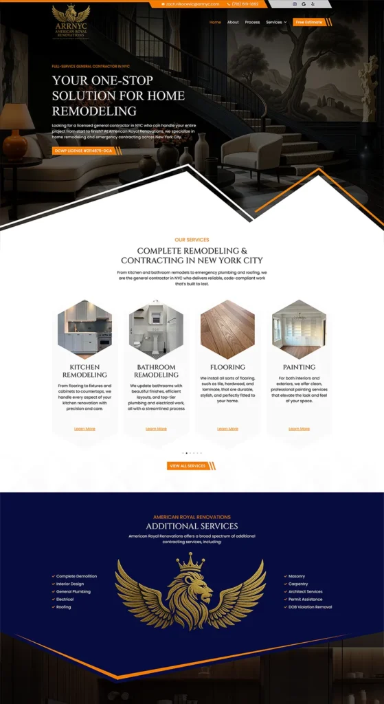 Homepage design for American Royal Renovations (ARRNYC) showcasing custom website development with a bold hero section, service highlights, and branded visual styling.