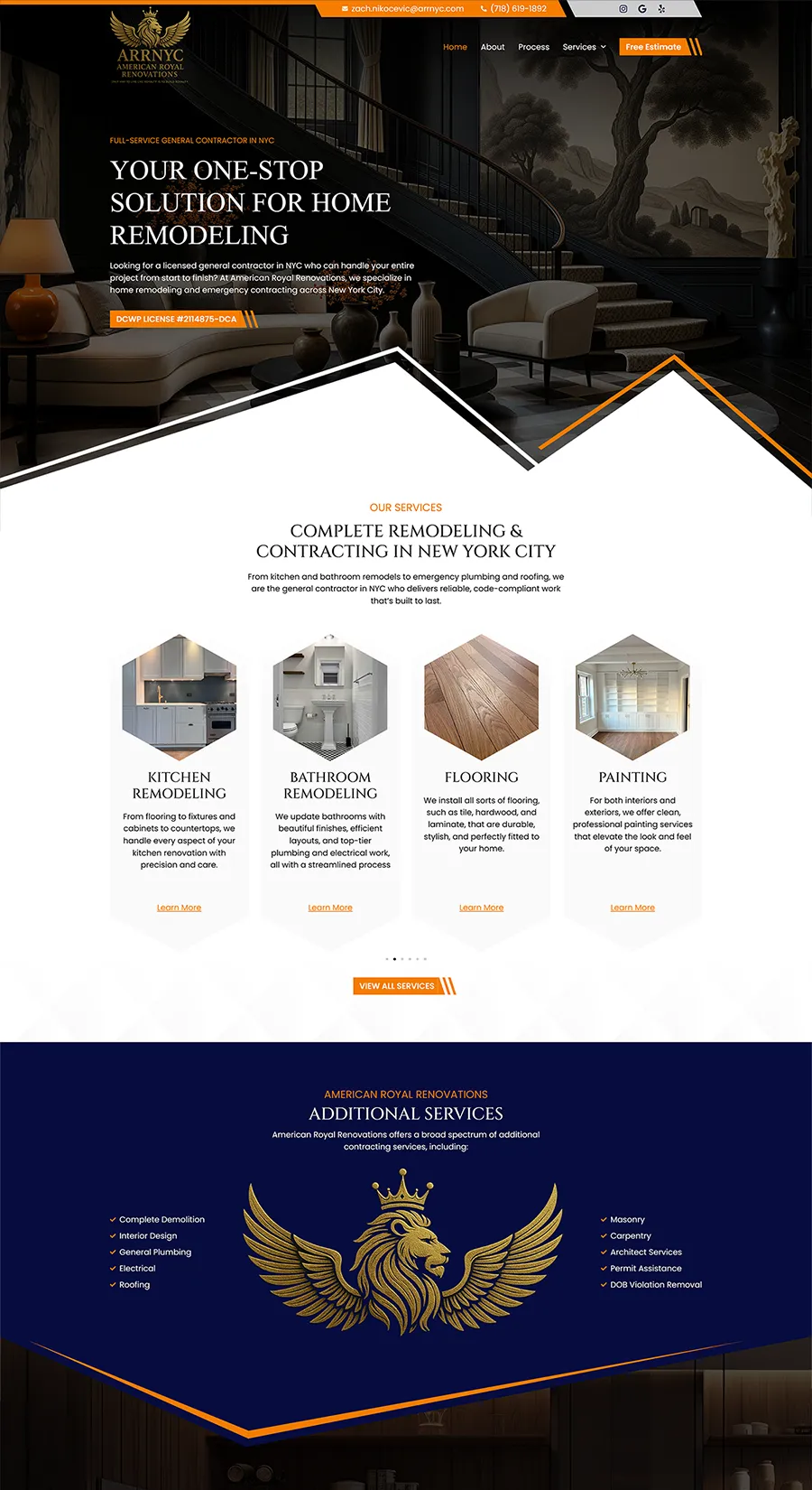 Homepage design for American Royal Renovations (ARRNYC) showcasing custom website development with a bold hero section, service highlights, and branded visual styling.