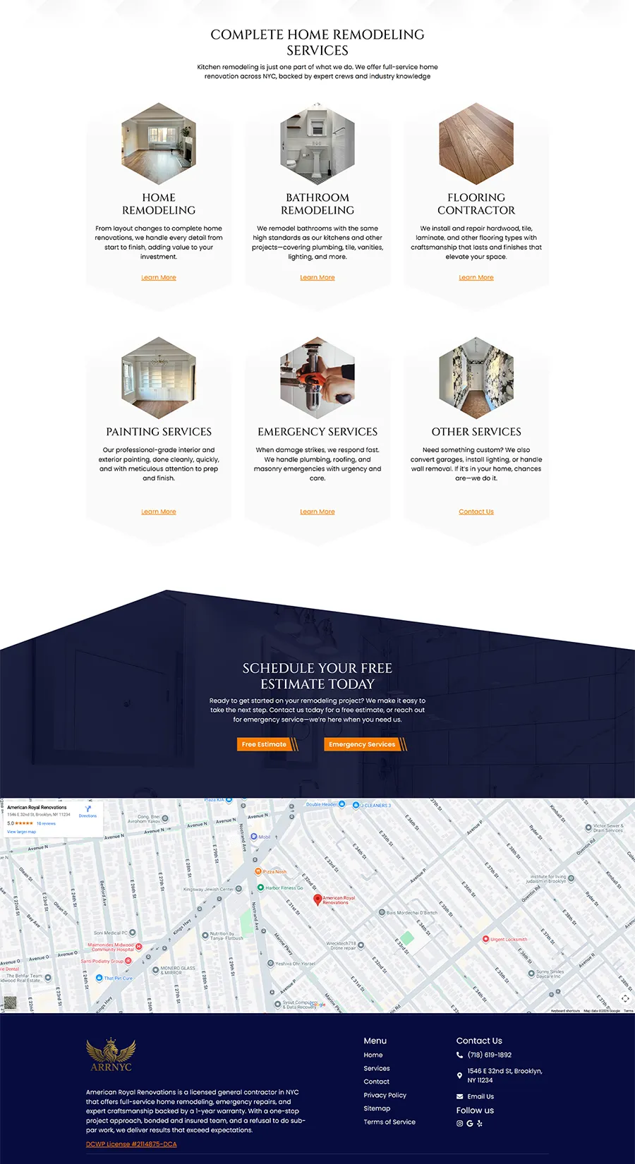 Overview page design for ARRNYC listing core remodeling services with hexagonal image cards, call-to-action, and integrated map footer.