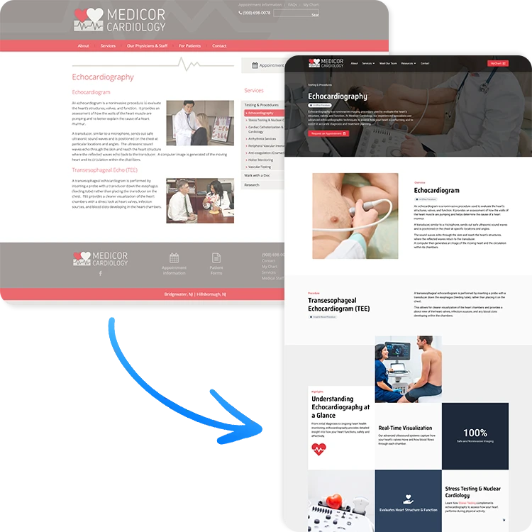 Before and after comparison of a medical practice website redesign showing improved layout structure, modern interface, and enhanced user experience.