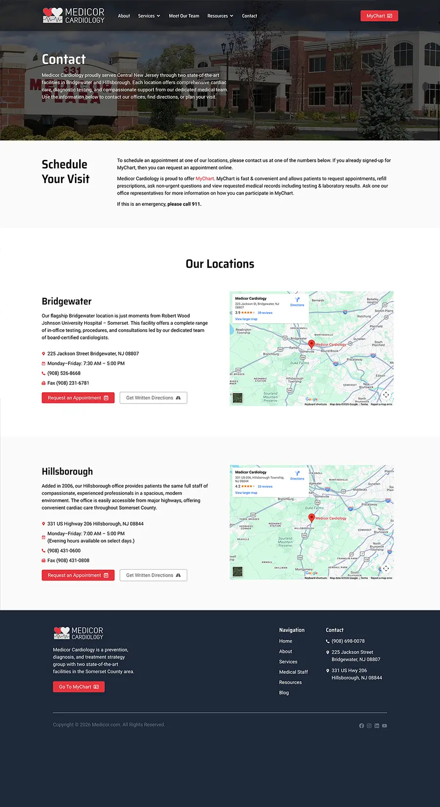 Custom healthcare website contact page design featuring multiple office locations, embedded maps, and appointment scheduling interface.