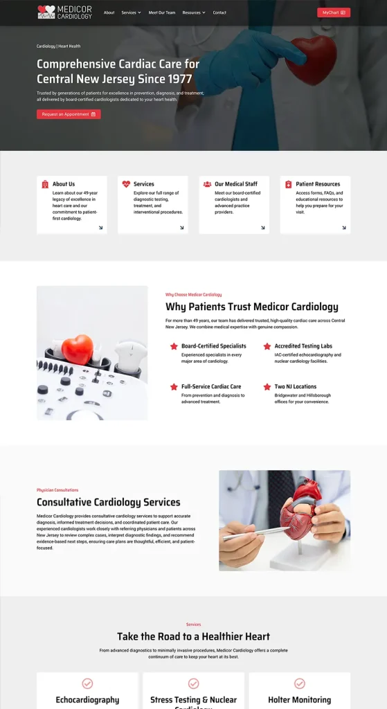 Custom homepage design for a medical practice website featuring structured navigation, service highlights, and trust-building elements.