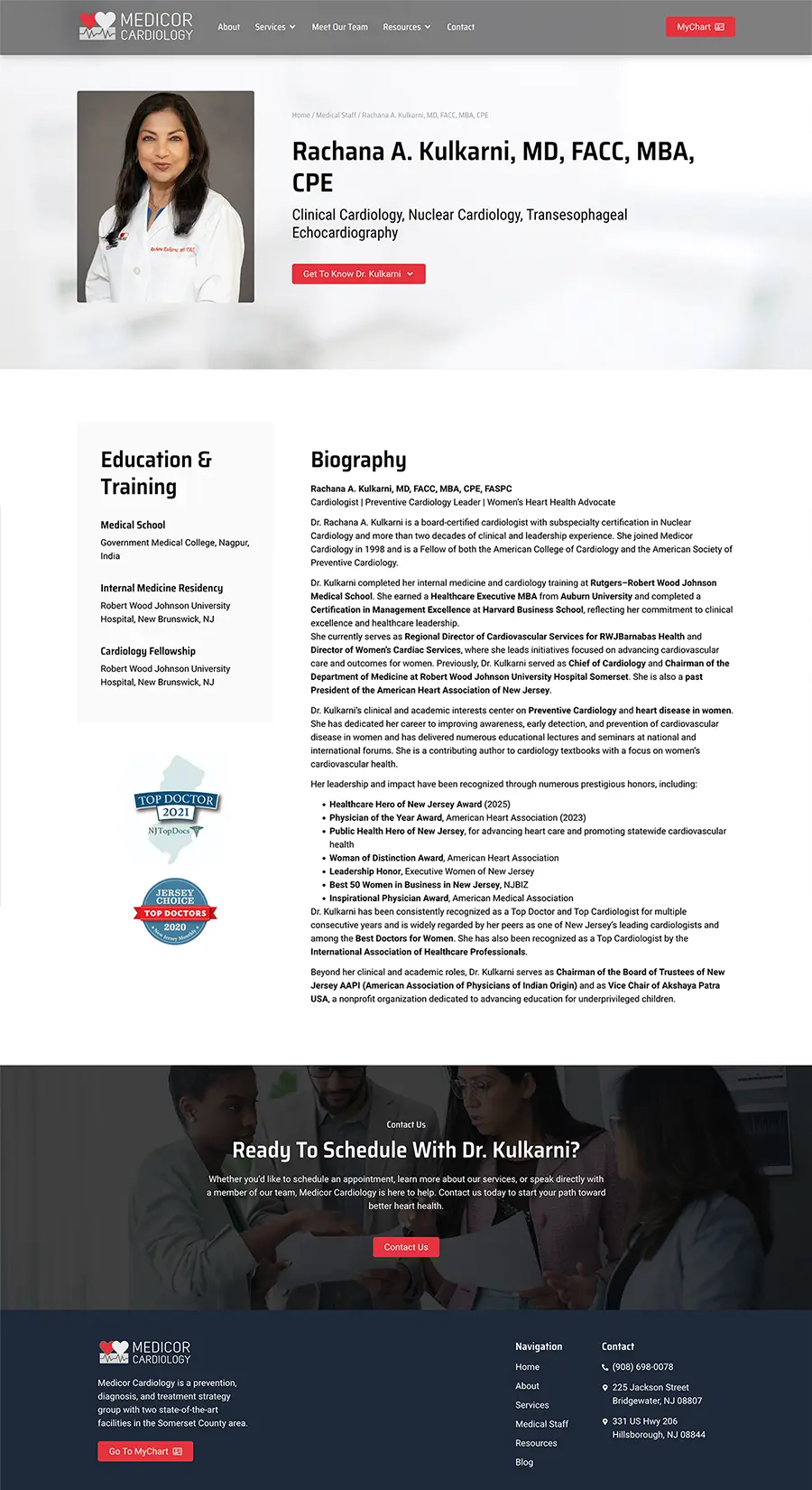Dynamic physician profile page template built in WordPress displaying structured credentials, biography, and education information.