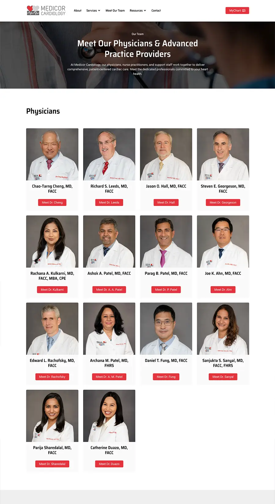 Medical staff directory built with custom post types and reusable templates in WordPress, displaying physician profiles in a structured grid layout.