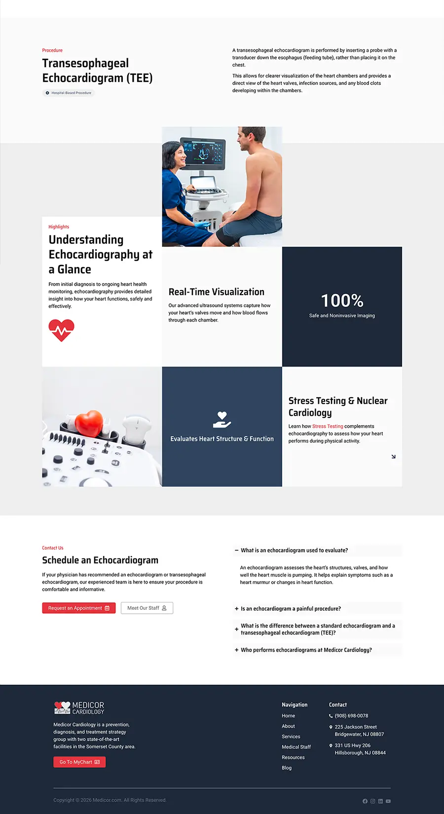 Structured medical procedure page design with educational content sections, visual hierarchy, and patient scheduling interface.