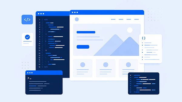 Illustrated web development workspace showing website code, development panels, and a completed webpage being built into a functional custom website.