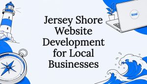 Decorative title card illustration with Jersey Shore and web icons