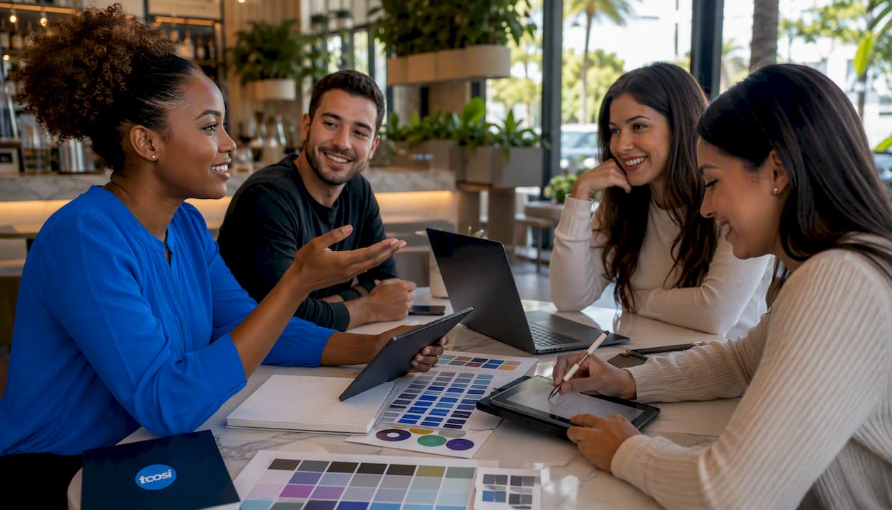 Team collaborating on web design project in office