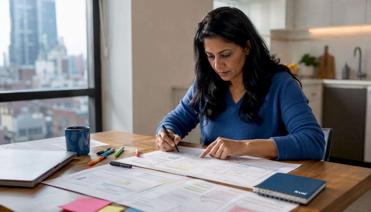 Designer sketching Z-pattern layout at desk