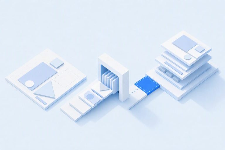 Isometric illustration of design conversion workflow